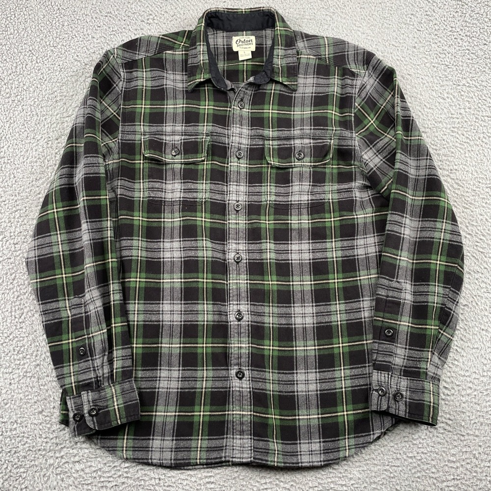 Orton Brothers Flannel Shirt Mens L Green Plaid Button Down Long Sleeve Cotton